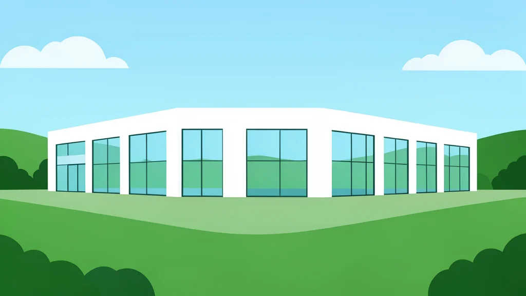 A modern industrial manufacturing facility with clean white walls and large glass windows overlooking a green landscape
