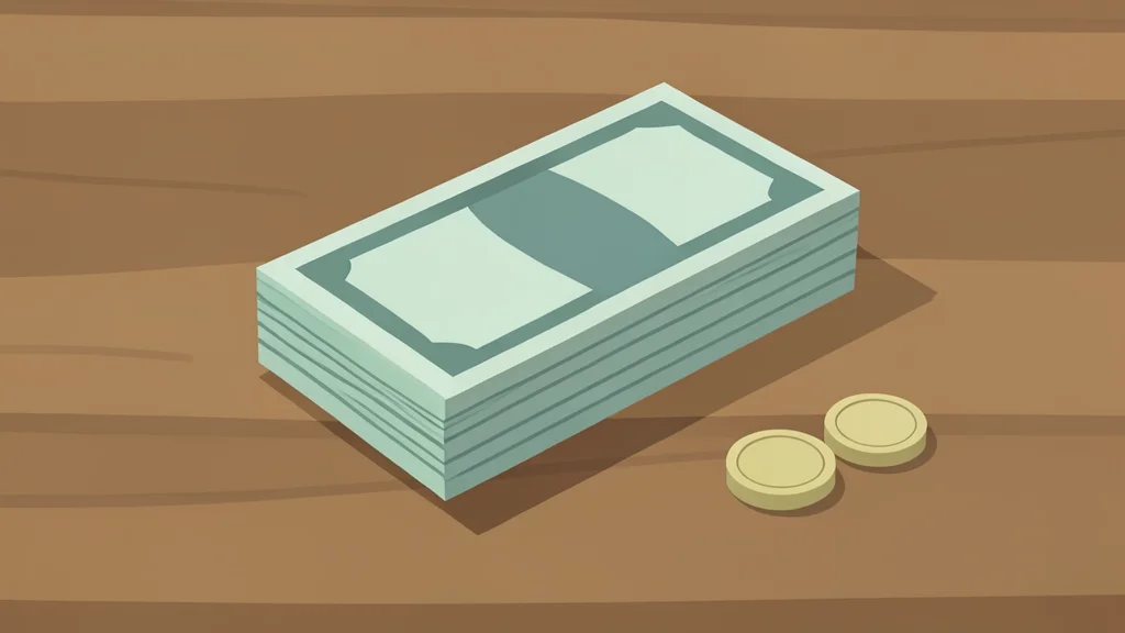 A stack of paper banknotes and a few coins resting on a wooden desk surface