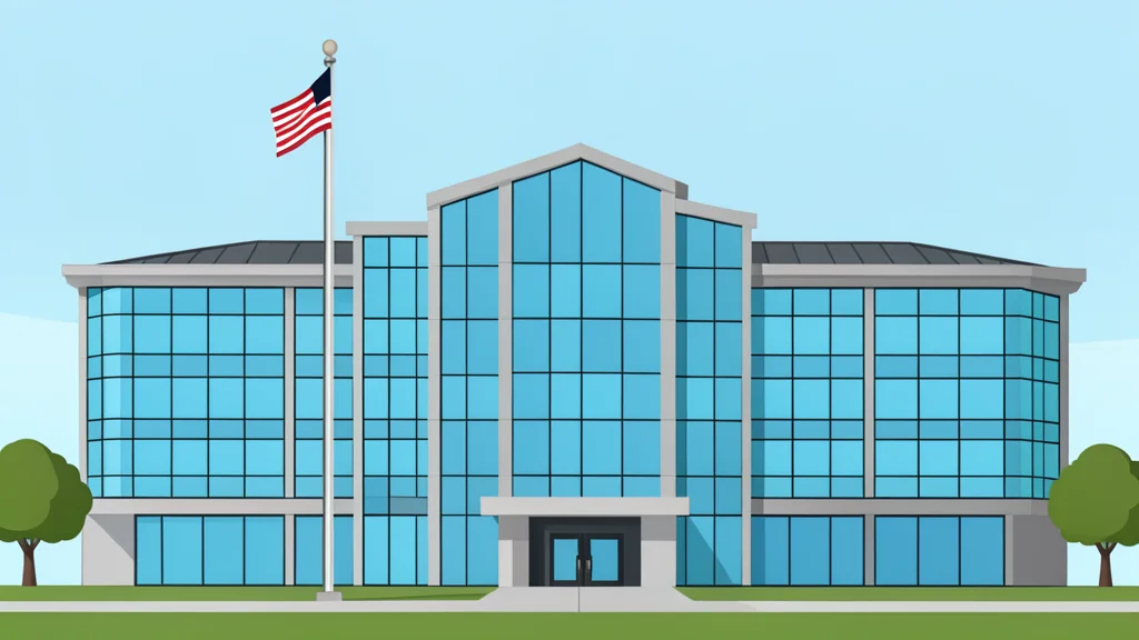 A large, modern glass and steel courthouse building with a flagpole in the foreground
