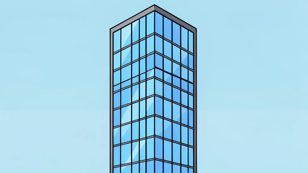 A modern glass skyscraper with a grid of windows reflecting the sky