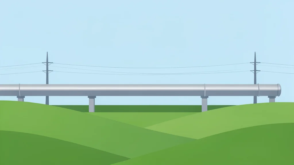 A steel natural gas pipeline running through a rural landscape with rolling hills and power lines in the distance