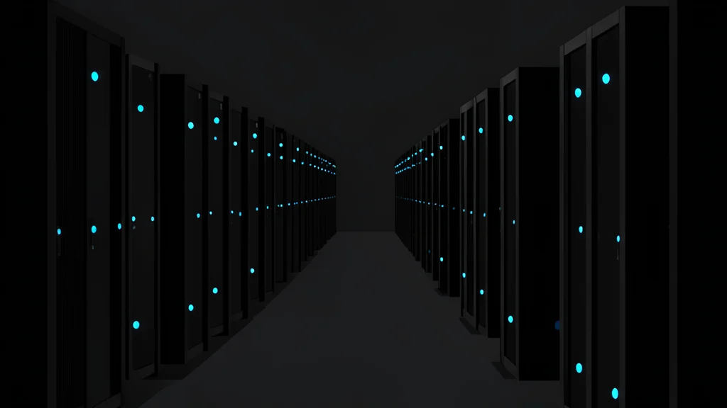 A vast, dark server room filled with rows of humming black towers and blinking blue lights