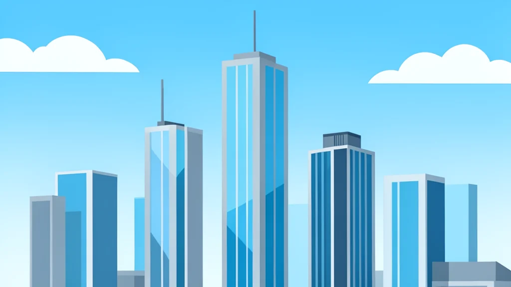 A modern financial district skyline with glass skyscrapers reflecting a clear sky