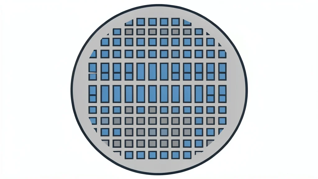 A close-up view of a silicon wafer with a grid of square chips