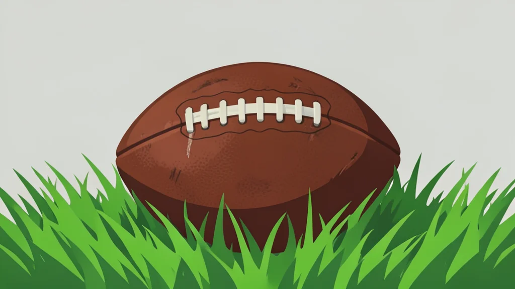 A worn leather football resting on green grass
