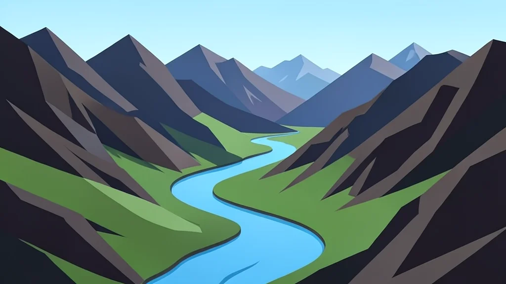 A rugged, mountainous landscape with a winding river cutting through the valley