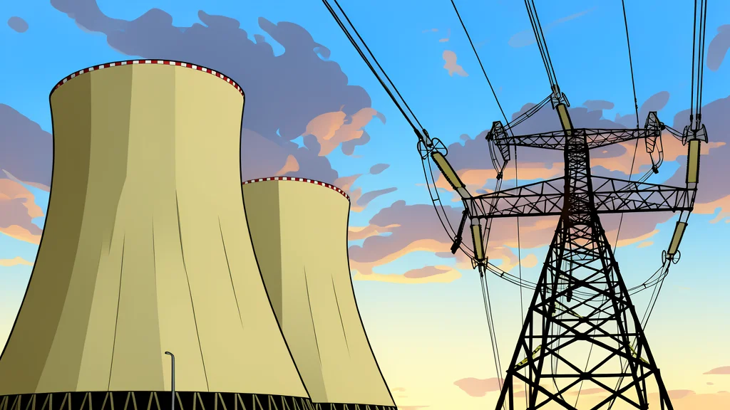 A large industrial power plant with cooling towers and transmission lines against a clear sky