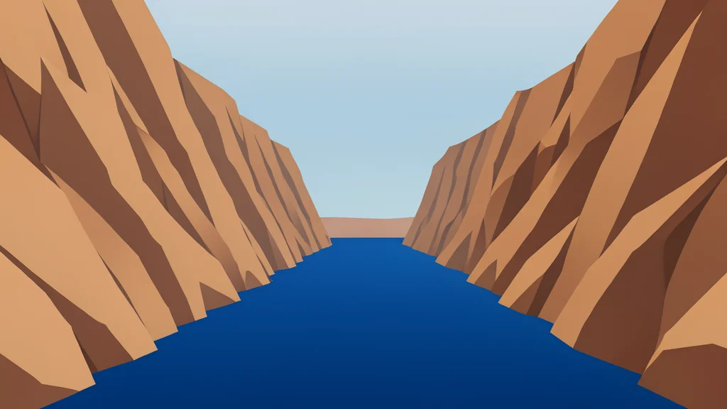 A narrow, deep blue waterway flanked by steep, arid rocky cliffs under a hazy sky