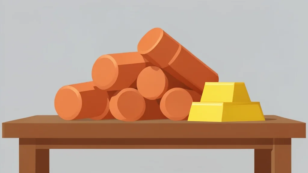 A collection of raw copper ingots and gold bars stacked on a wooden surface