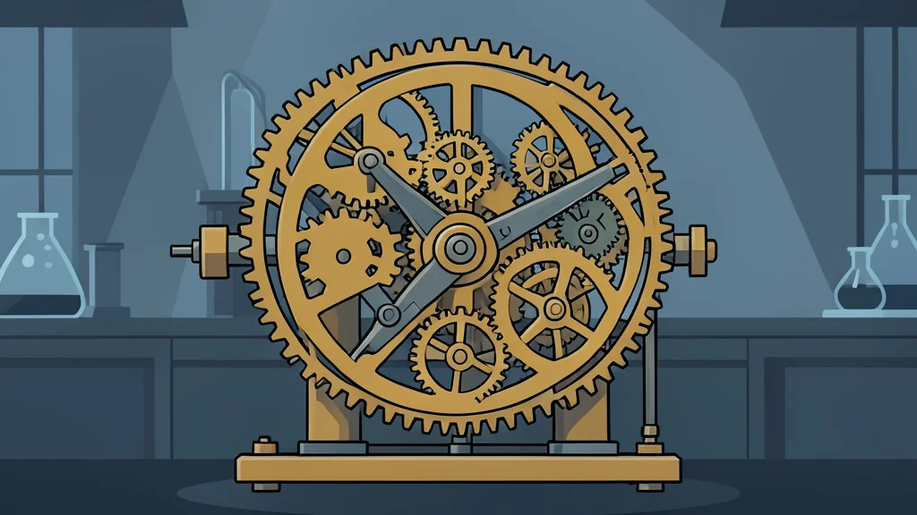 A large, intricate mechanical clockwork structure with interlocking gears and pistons, standing in a dimly lit laboratory