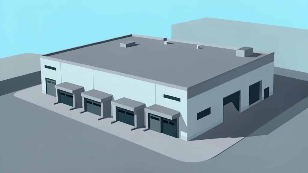 A large industrial factory building with a flat roof and loading docks