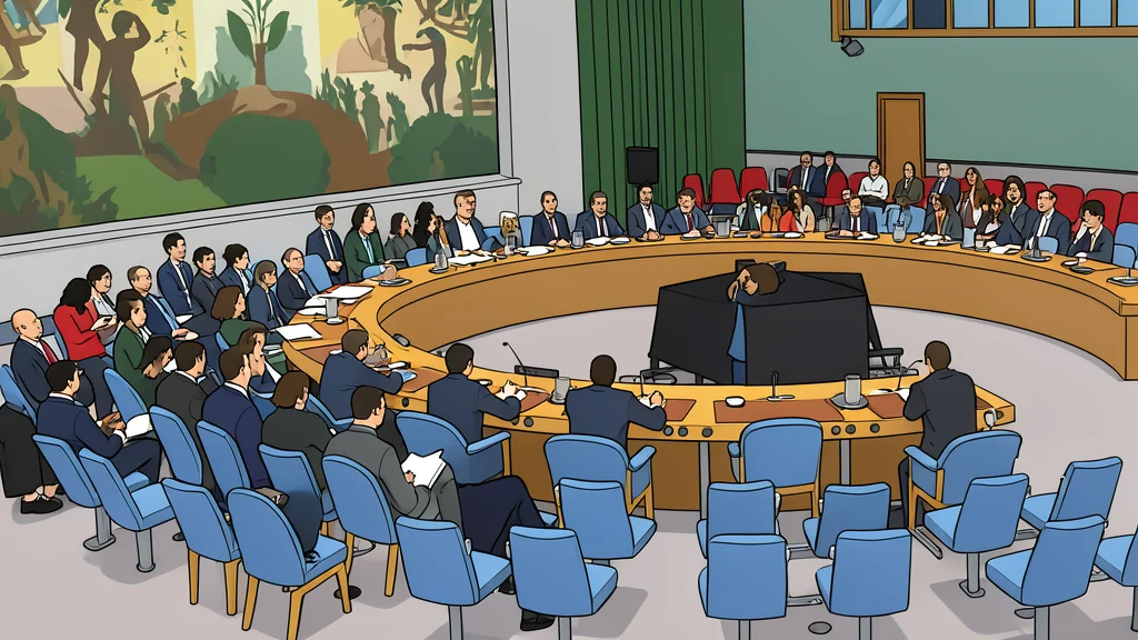 A large, circular wooden table surrounded by empty chairs in a dimly lit conference room