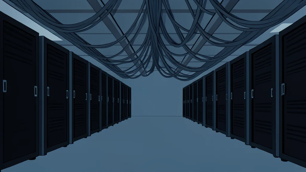A vast, dimly lit industrial hall filled with rows of tall, black server racks and thick bundles of cables running along the ceiling