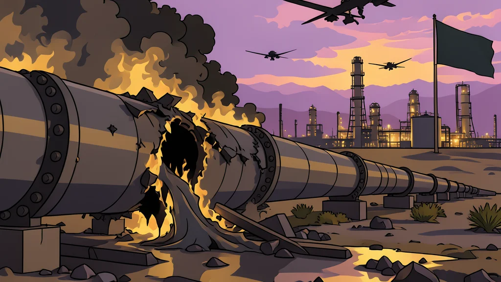 A long, rusted steel pipeline stretching across a dry, rocky desert landscape under a hazy sky.