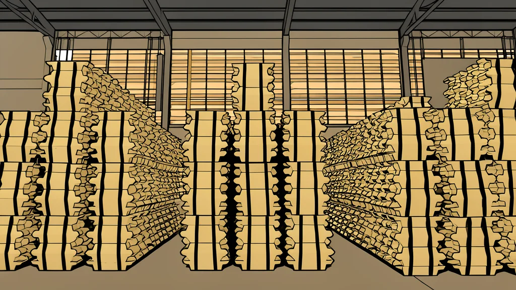 A stack of silver metal ingots resting on a wooden pallet in a warehouse