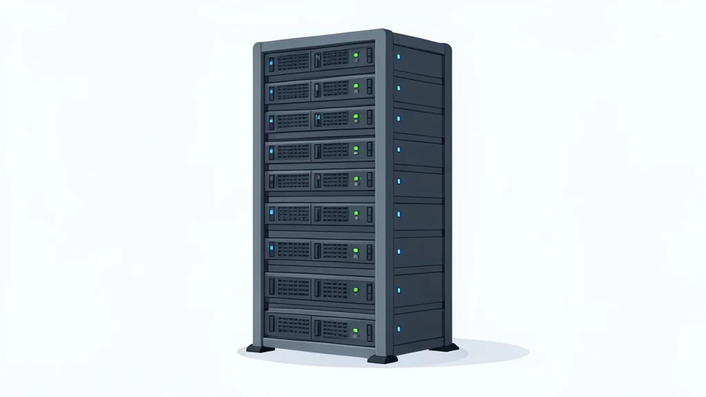 A stylized vector illustration of a server rack in a data center with blue and green lighting accents.