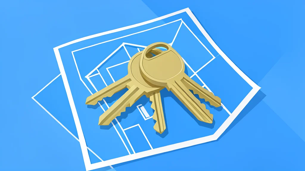 A stack of keys resting on a set of blueprints for a house
