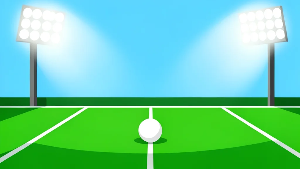 A wet, green football pitch under stadium floodlights with a single white ball resting on the grass