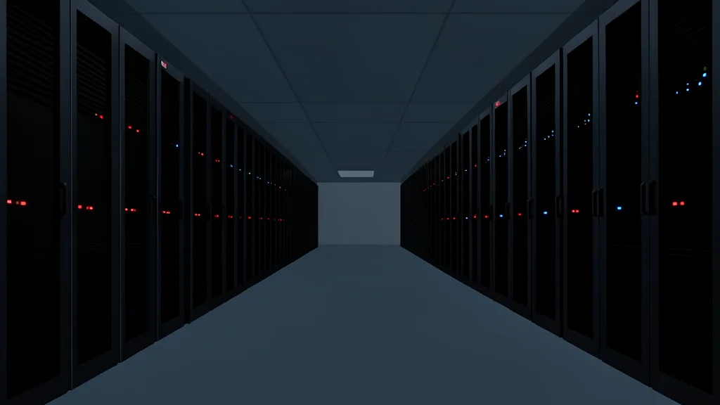 A vast, dimly lit server room with rows of tall, black metal cabinets and blinking status lights
