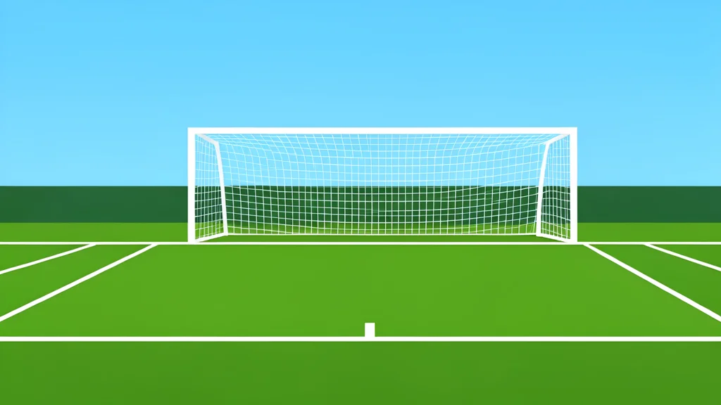 A high school athletic field with white boundary lines and a soccer goal net in the background