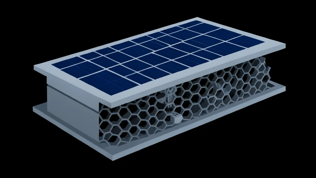 A large, flat satellite panel with a grid of solar cells and a honeycomb structure underneath, floating in the blackness of space.