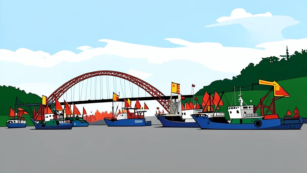 A large cargo ship navigating through a wide canal with green hills in the background