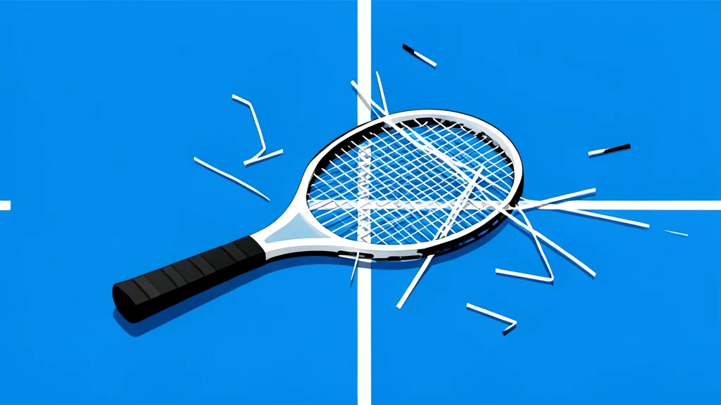 A broken tennis racket lying on the blue hard court surface
