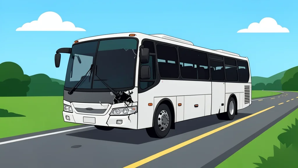 A damaged passenger bus on a rural road with scattered debris and smoke rising from the chassis.