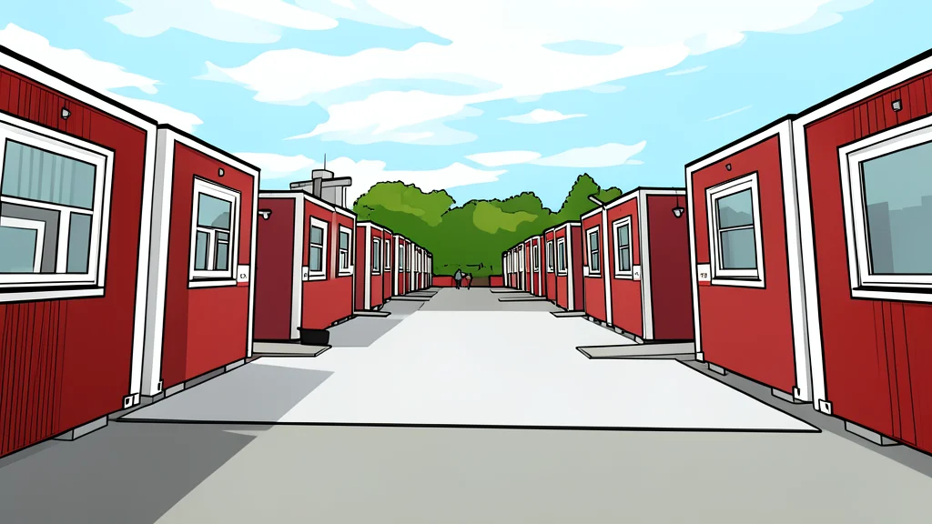 A row of modular wooden container structures situated on a grassy field near a body of water