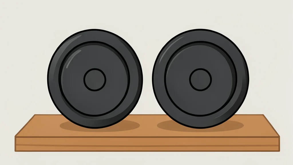 A pair of heavy metal weight plates resting on a wooden platform