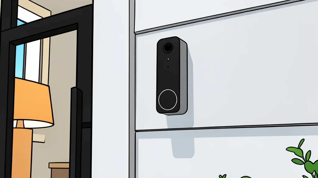 A sleek white rectangular device mounted on a wooden door frame with a small circular lens and a glowing ring of light
