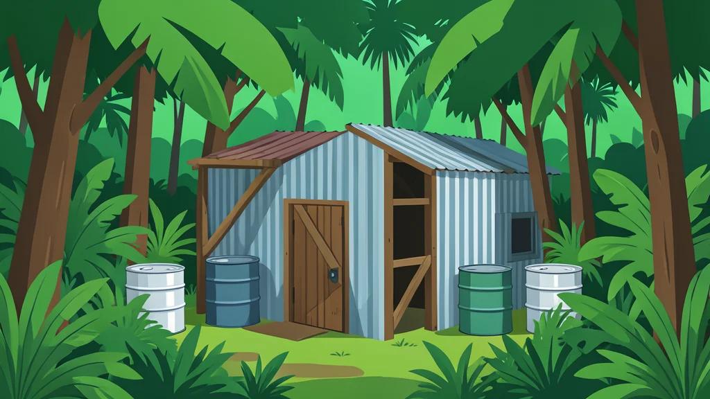 A dense tropical forest clearing with a hidden, makeshift laboratory structure and chemical storage drums