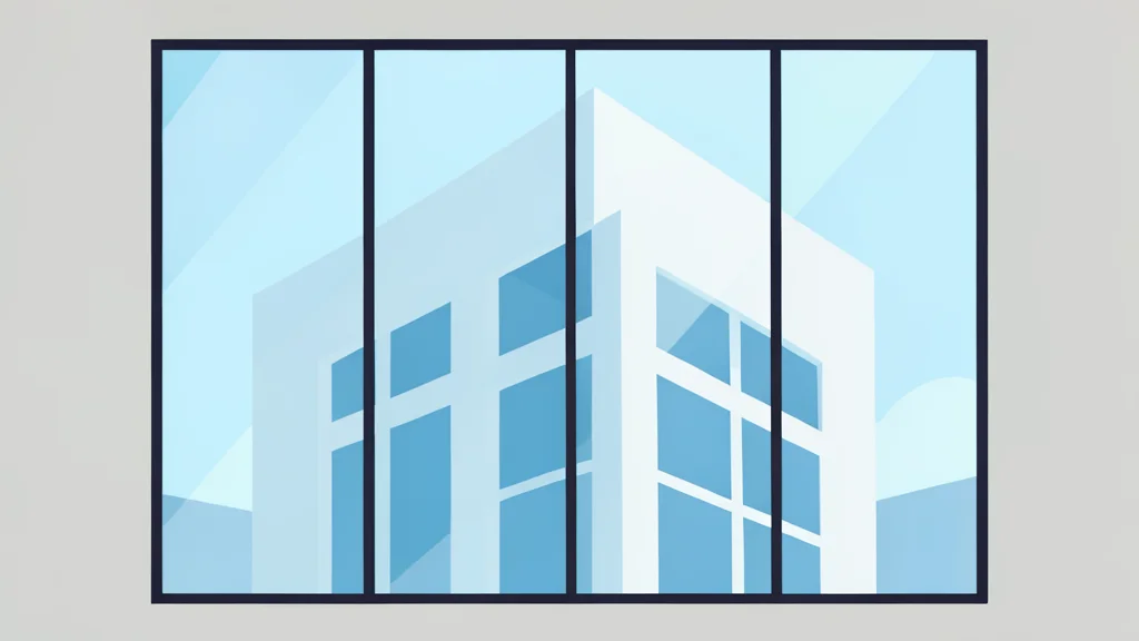 A large pane of transparent architectural glass reflecting a modern building facade