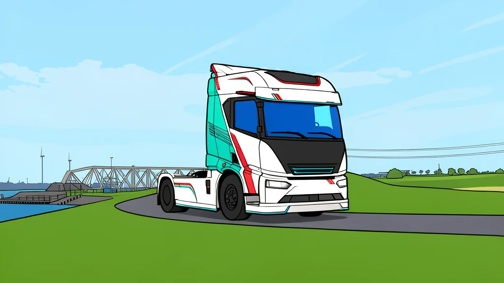 A large electric semi-truck parked on a paved surface next to a high-power charging station