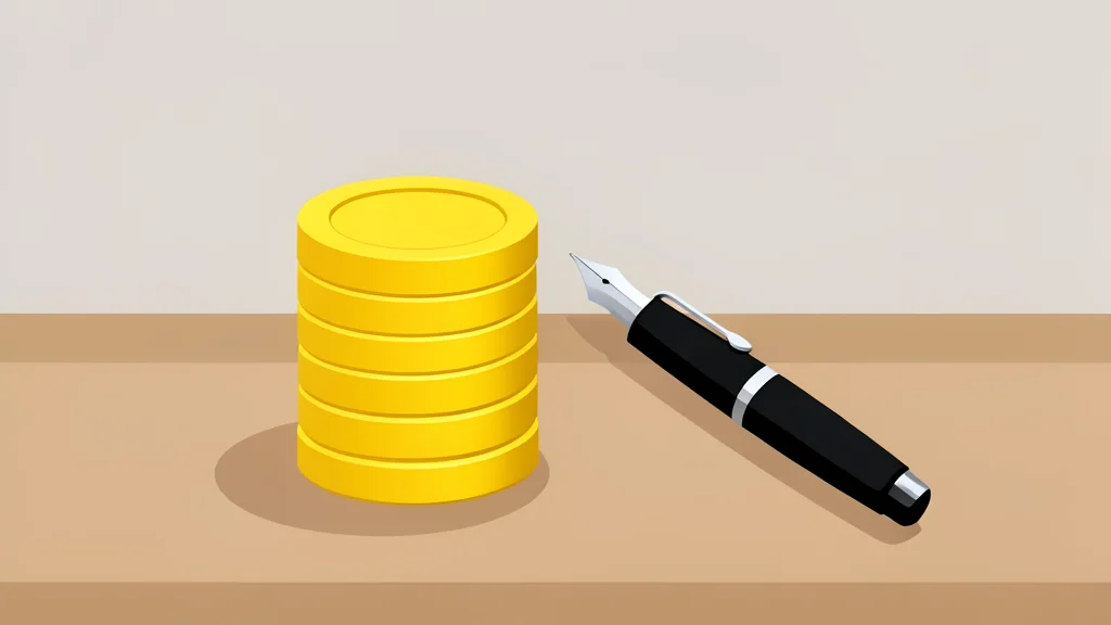A stack of gold coins next to a fountain pen on a wooden desk