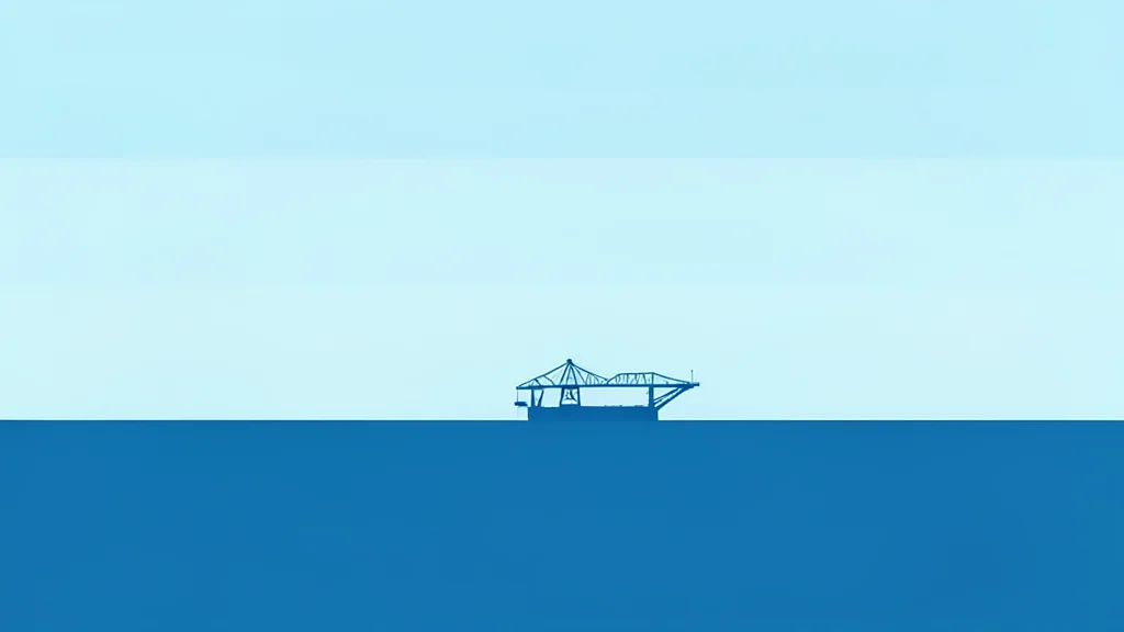 A calm, open ocean horizon with a distant oil platform silhouette
