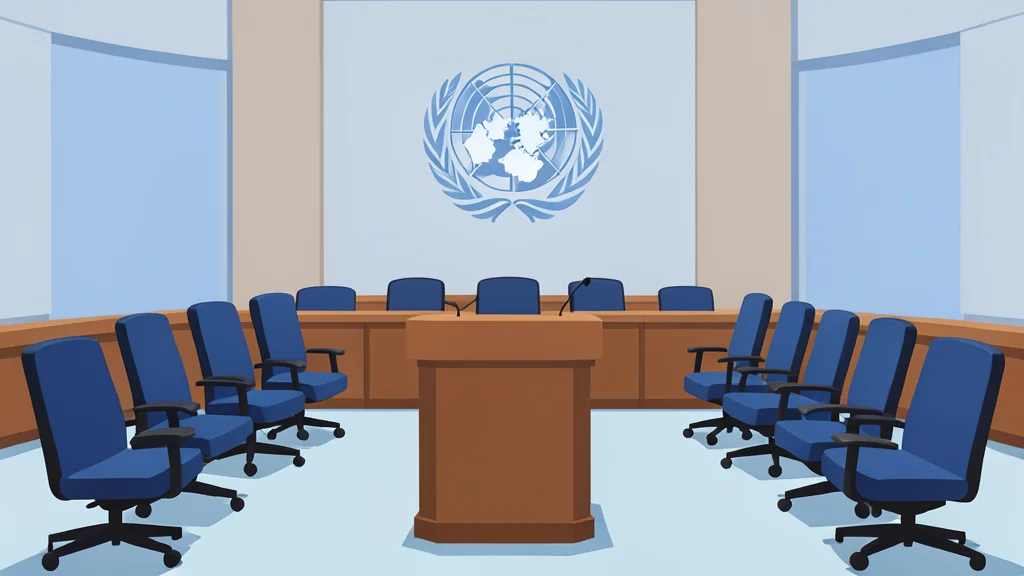 A minimalist vector illustration of an empty United Nations Security Council chamber featuring curved rows of chairs and a central podium, rendered in muted blue and grey tones.