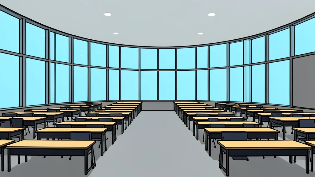 The curved glass facade of a large international assembly hall with rows of empty desks
