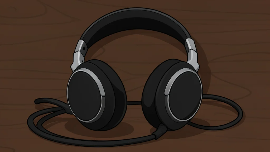 A vintage radio receiver with a glowing dial and a pair of over-ear headphones resting on a wooden table