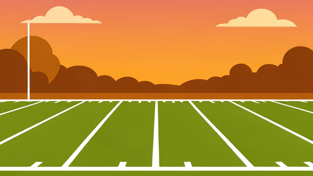 A high school football field with white yard lines and goalposts under an autumn sky