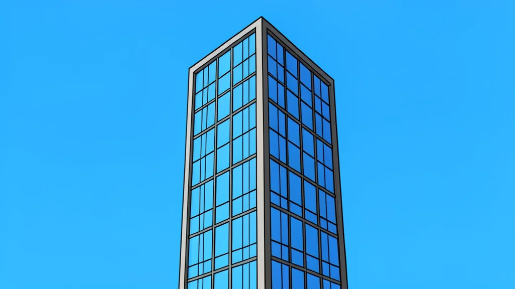 A modern glass skyscraper facade reflecting a clear blue sky