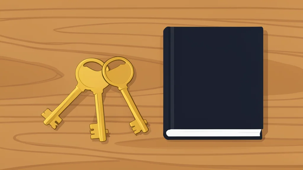 A set of brass keys resting on a wooden table next to a closed book