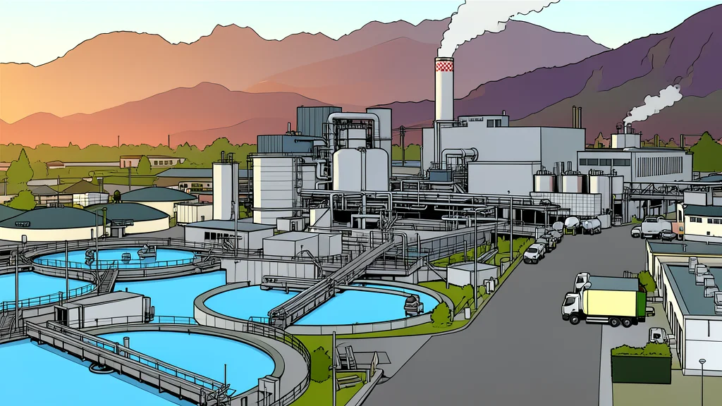 A modern water treatment facility with large circular concrete basins and industrial piping