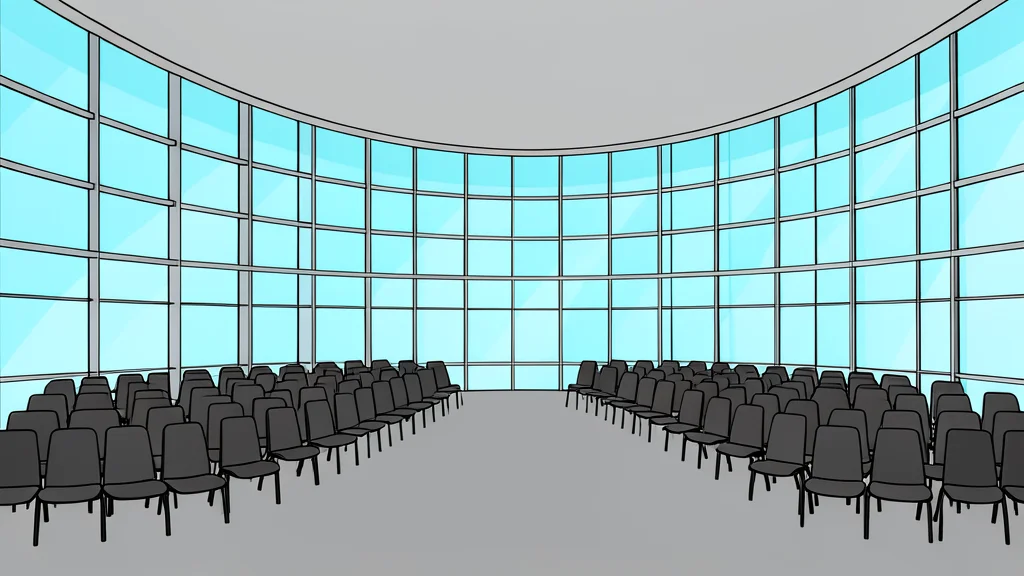 A curved glass facade of a large international assembly hall with rows of empty chairs