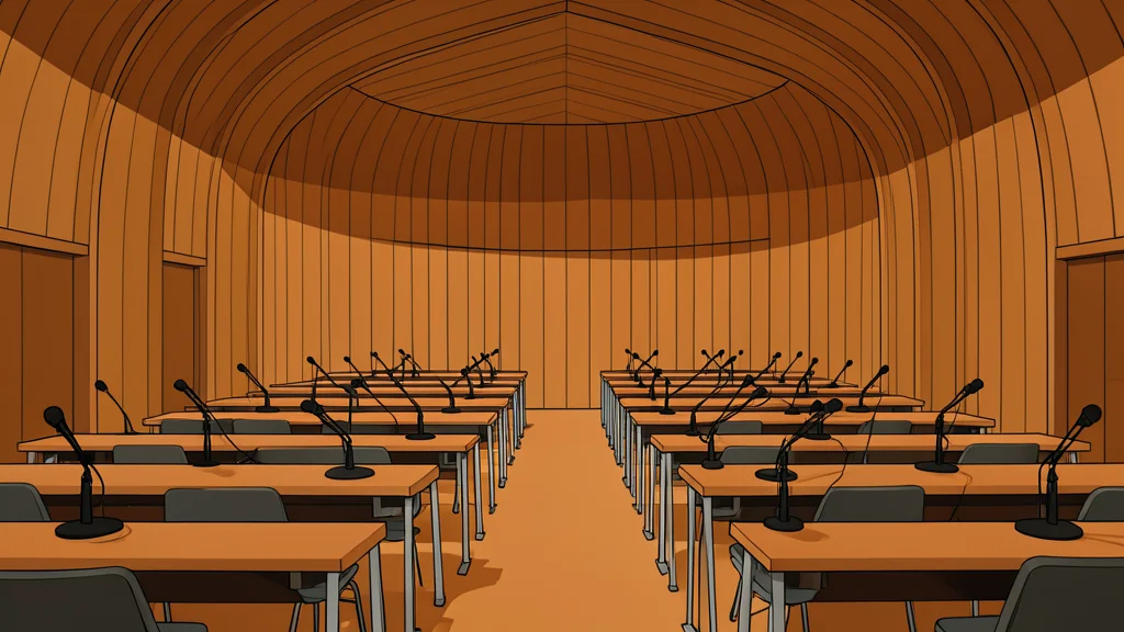 A wide view of a curved assembly hall with rows of empty desks and microphones under soft lighting.