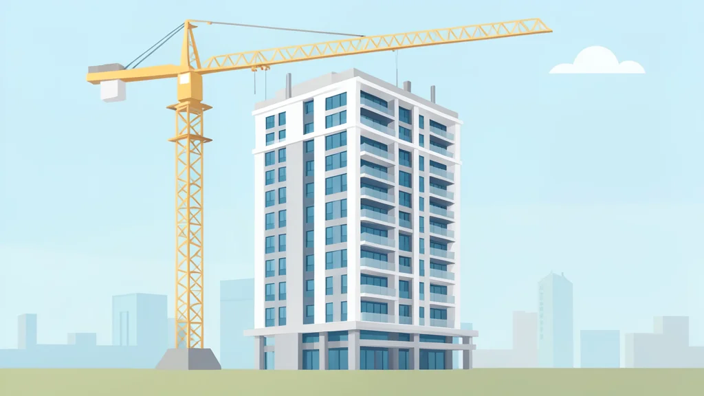 A modern high-rise residential building under construction with a crane in the background