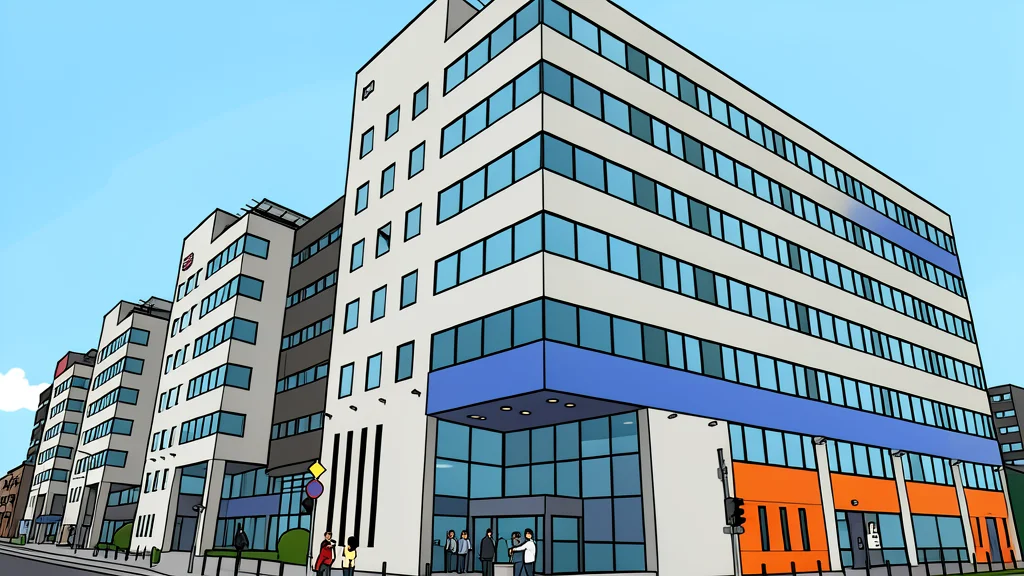 A modern industrial factory exterior with large ventilation stacks and a paved loading dock area