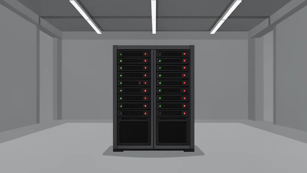 A tall industrial server rack with glowing status lights standing in a vast, empty data center hall.