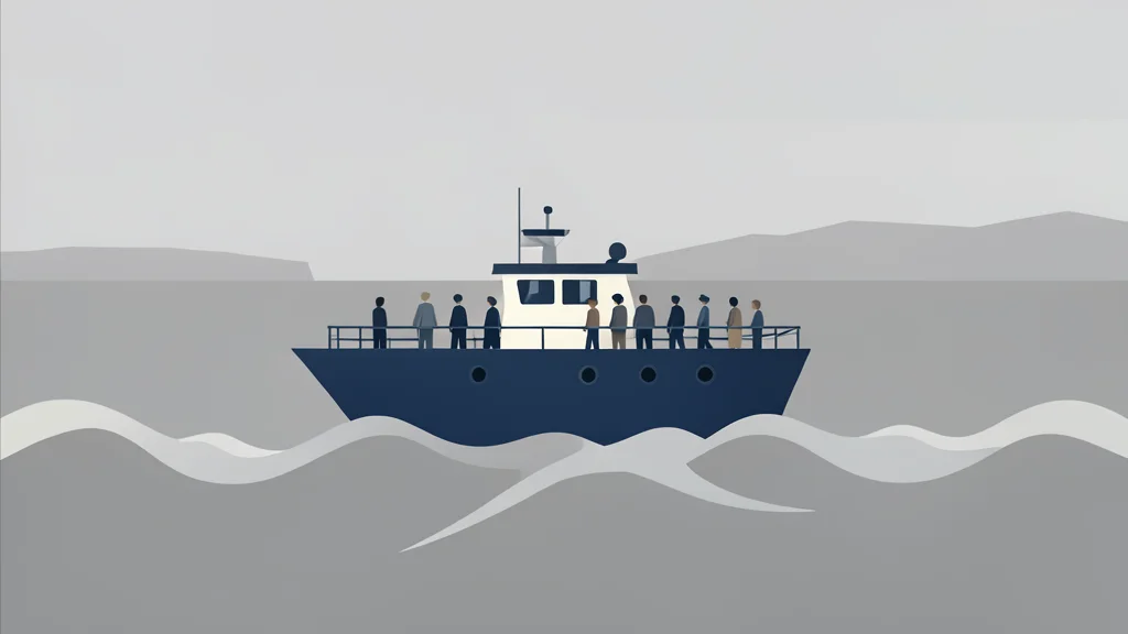 A crowded ferry boat navigating choppy grey waters near a distant coastline