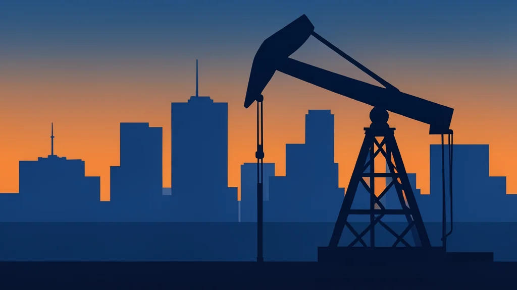 A silhouette of a city skyline at dusk with a large, dark oil derrick in the foreground